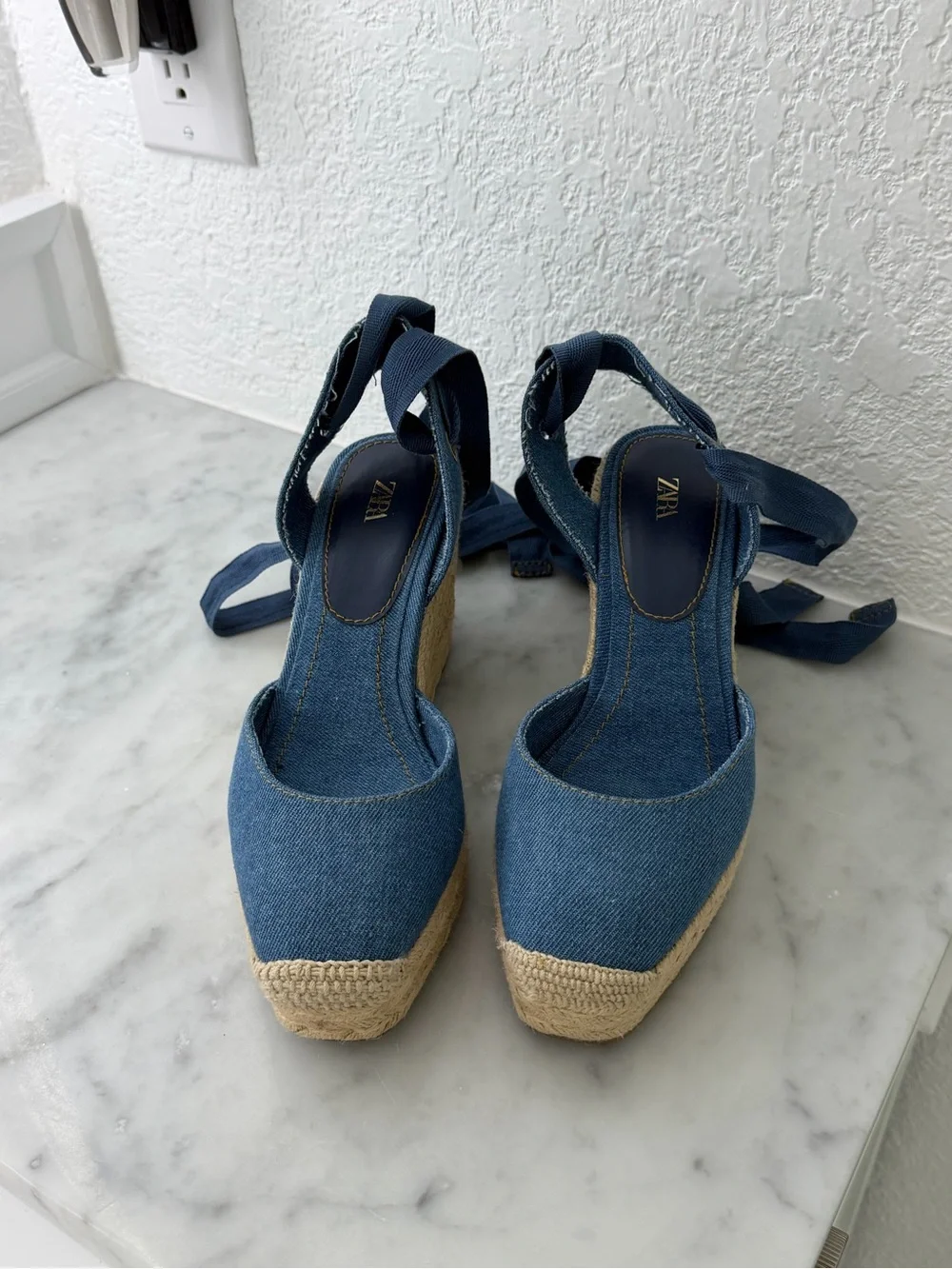Zara Denim Blue Espadrille Wedges with Ankle Wraps
